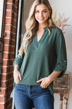 Load image into Gallery viewer, HEIMISH - ST1002-71 ROLL UP SLEEVE MANDARIN COLLAR SOLID TOP: ///BURGUNDY / 2-2-2 (S-M-L)