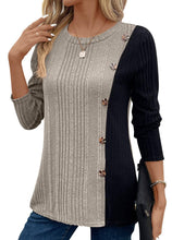 Load image into Gallery viewer, Suhkasana - Color Block Button Split Top Casual Long Sleeve Cross-Border: Red / ///XL
