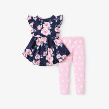 Load image into Gallery viewer, PatPat - 2pcs Toddler Girl Rose Print Top &amp; Polka Dots Print Leggings: Deep Blue / ///3-4 Years