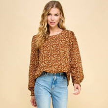 Load image into Gallery viewer, Les Amis - Floral Printed Top with Smocked Sleeves Detail: Rust / L///