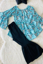 Load image into Gallery viewer, luluclothes - 1182WY Turquoise aztec bull top black bell bottom girls sets: XXXL 7////8Y