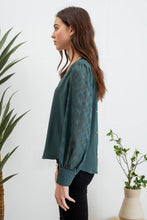 Load image into Gallery viewer, Blu Pepper - V NECK BACK BUTTONED SHEER PLAID LONG SLEEVE BLOUS: HUNTER GREEN///