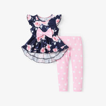 Load image into Gallery viewer, PatPat - 2pcs Toddler Girl Rose Print Top &amp; Polka Dots Print Leggings: Deep Blue / ///3-4 Years