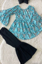 Load image into Gallery viewer, luluclothes - 1182WY Turquoise aztec bull top black bell bottom girls sets: XXXL 7////8Y