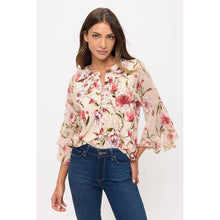 Load image into Gallery viewer, Perseption - FLORAL MIX MEDIA PINTUCK ANGEL BLOUSE: TAUPE/BURGUNDY/GREEN / S-M-L-XL(1-2-2-1)