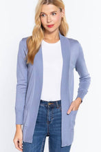 Load image into Gallery viewer, Active Basic | Active USA - Long Sleeve Rib Banded Open Sweater Cardigan: Blu-French Blue / S