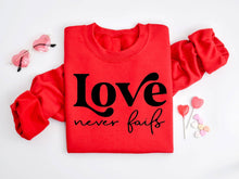Load image into Gallery viewer, Fox and Owl Apparel - LOVE NEVER FAILS VALENTINES FAITH RED GRAPHIC TEE SWEATSHIRT: S