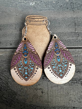 Load image into Gallery viewer, Jill's Jewels - Boho Teardrop Blue and  Pink Engraved Wood Earrings ///
