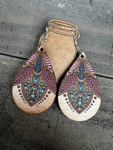 Load image into Gallery viewer, Jill's Jewels - Boho Teardrop Blue and  Pink Engraved Wood Earrings ///