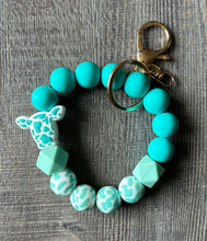 Load image into Gallery viewer, JILLIAN INK LLC - Cow Pattern Silicone Beaded Wristlet Keychain: Teal ///