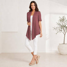 Load image into Gallery viewer, ROOTEASE - Women's Rayon Spandex Draped Cardigan, Short Sleeve, Asymmetrical Hem: Black / S US women's letter