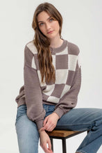 Load image into Gallery viewer, Blu Pepper - CHECKERED CROCHET KNIT LONG SLEEVE SWEATER: GREY MULTI///