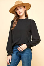 Load image into Gallery viewer, Les Amis - Solid Top with Ruffled Neck and Smocked Sleeves.: Black / L ///