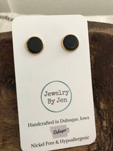 Load image into Gallery viewer, Jewelry By Jen - Stud Earrings: Black Leather - Gold Setting ///